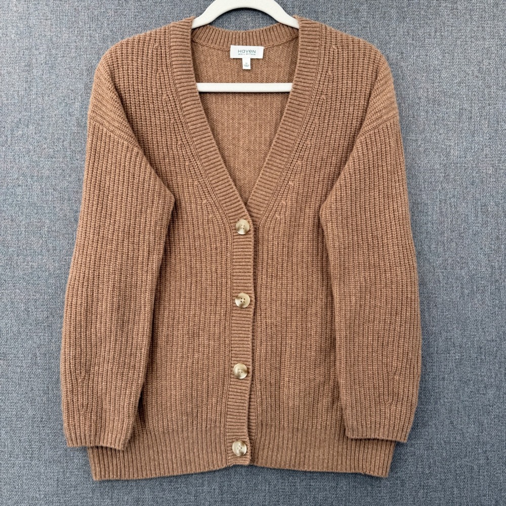 Haven Well Within Cashmere Shaker Stitch Ribbed Cardigan Sweater Camel Brown Med